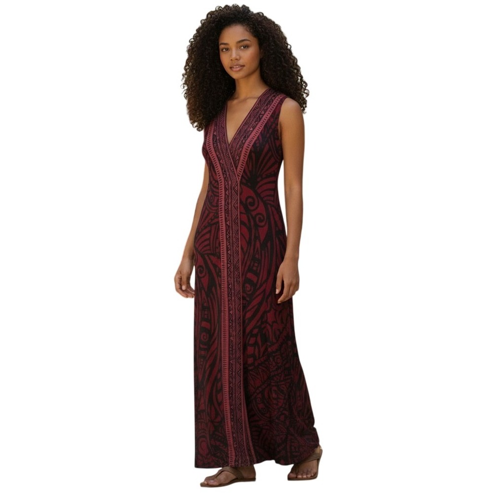 Soft Surroundings Womens Burgundy Tribal Print Sleeveless Maxi Dress Tall M